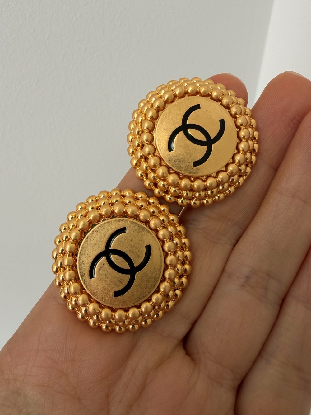 Vintage CHANEL Gold and Black Beaded CC Button Earrings